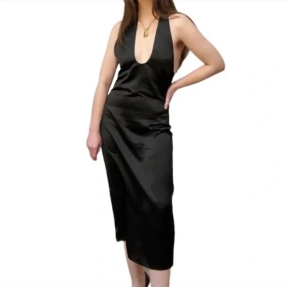 Jason Wu Satin Deep U Neck Halter Midi Dress back slit zip black size M - Picture 1 of 11